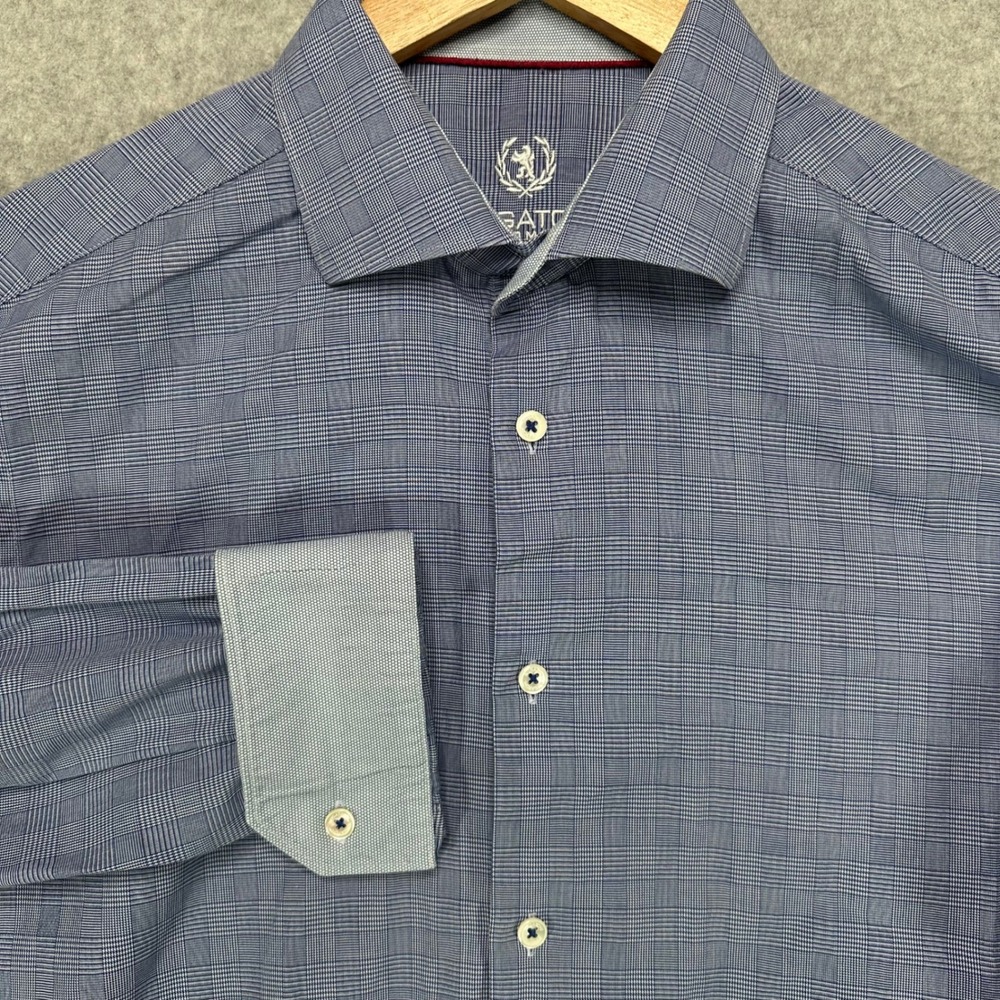 Bugatchi Uomo Mens Blue Glen Plaid Cotton Button Down Shirt 16.5 34/35 L